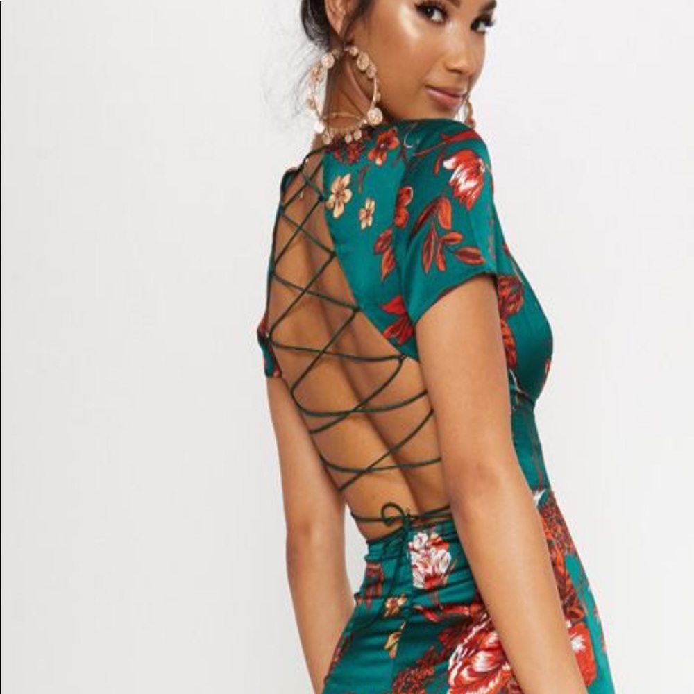 Emerald Green Criss Cross Back Frill Hem Dress